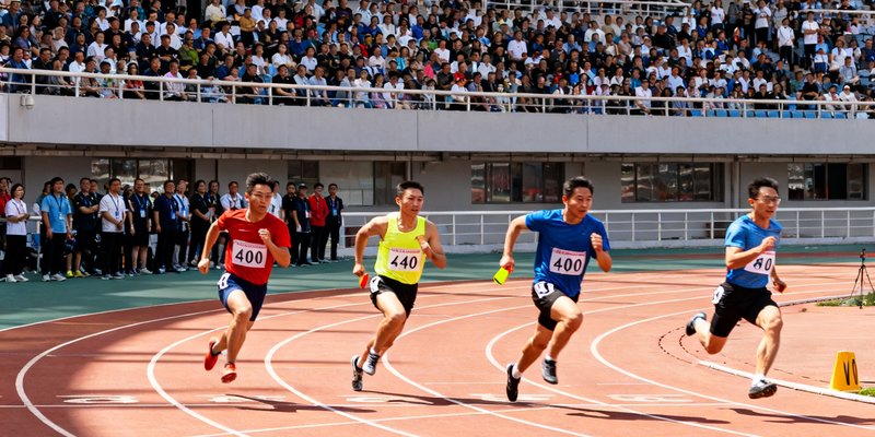 某互联网科技公司在奥体中心举办2000人规模的年度运动会，田径赛场上员工们正在激烈角逐4×100米接力赛，看台上座无虚席。