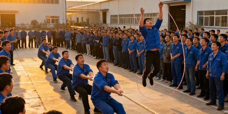 制造业工厂在厂区内举办员工趣味运动会，设置了拔河、跳绳和投篮等接地气的项目，数百名一线工人参与热情高涨。